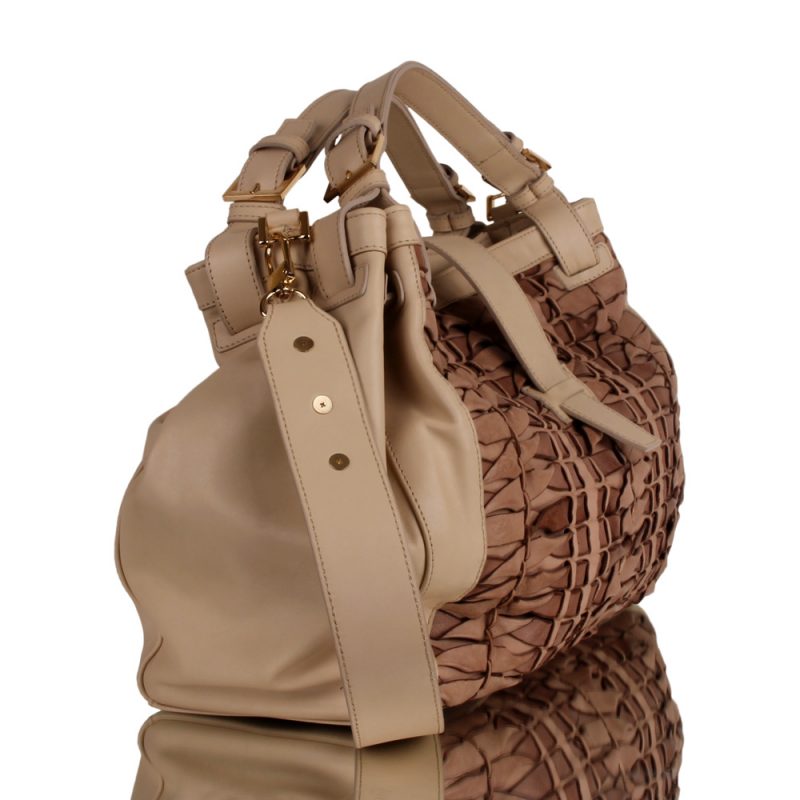 Isabella. Luxury handbraided bag in beige color - right side